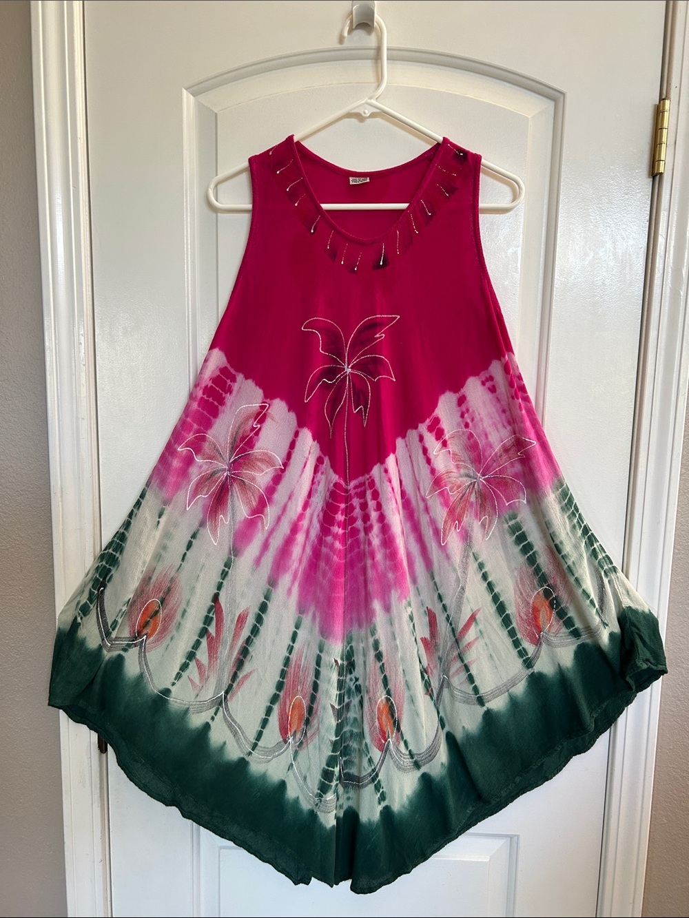 Boho Tie-Dye Palm Print Dress in Fuchsia and Green